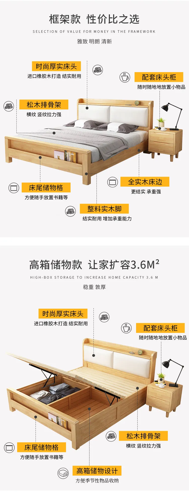 华松居 北欧实木床1.8米双人床带软靠公寓单人床家具 306-L(图4)