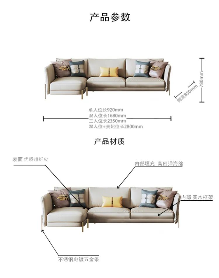 洛品家具 轻奢沙发后现代简约客厅家具大户型转角皮 XQ056(图1)