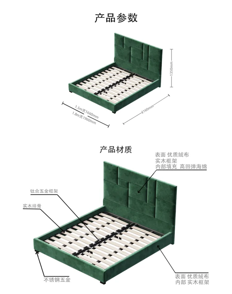 洛品家具 轻奢双人床现代简约绒布床小户型主卧大床定制 XS008(图1)