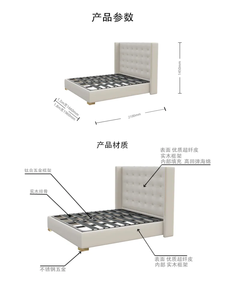 洛品家具 现代轻奢真皮床港式主卧双人床1.8米 C0001(图1)