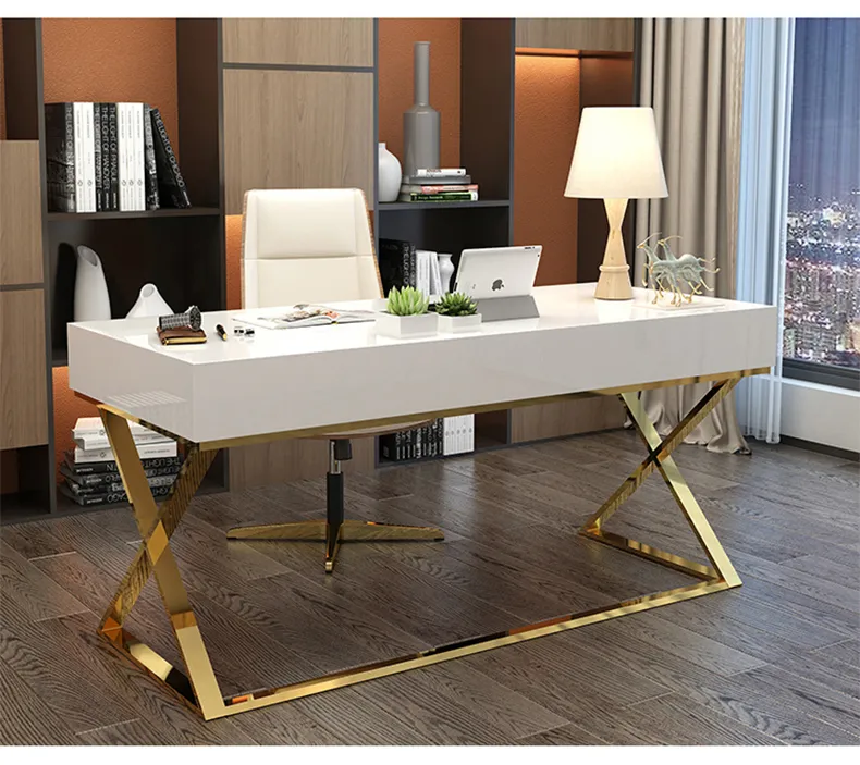 帆晨美家 后现代轻奢1.2米 1.4米 1.6米轻奢烤漆面不锈钢书桌 X55(图3)