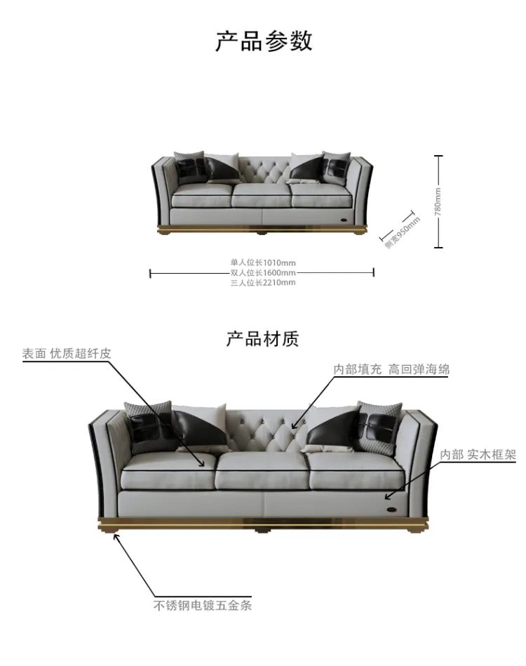 洛品家具 别墅家具后现代轻奢真皮沙发奢华美式皮艺 T0011(图1)
