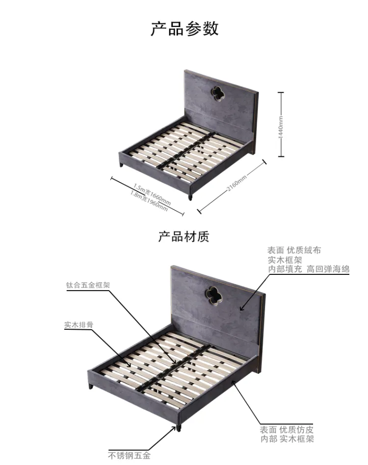 洛品家具 布艺床港式一米五丝绒布床小户型1.8 XS006(图1)